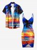 Coconut Tree Sun Seascape Ombre Sky Print Convertible Hawaii Beach Cover - Bleu XS