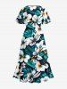 Flowers Tropical Leaf Print Surplice Hawaii Midi Dress -  
