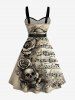 Skull Flower Music Symbol Print Hawaii Button A Line Dress with Removable Belt -  