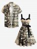 Skull Flower Music Symbol Print Hawaii Button A Line Dress with Removable Belt -  