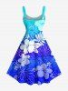 Plus Size Tropical Leaf Hibiscus Flower Ombre Print Hawaii A Line Dress - Bleu M