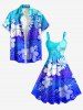Plus Size Tropical Leaf Hibiscus Flower Ombre Print Hawaii A Line Dress - Bleu M