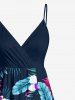 Tropical Leaf Flower Print Hawaii Surplice A Line Cami Dress - Paon Bleu L