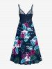 Tropical Leaf Flower Print Hawaii Surplice A Line Cami Dress - Paon Bleu L
