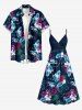 Tropical Leaf Flower Print Hawaii Surplice A Line Cami Dress - Paon Bleu L
