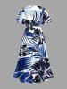 Tropical Leaf Hibiscus Flower Print Hawaii Split Pocket A Line Midi Dress - Bleu 2X