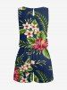 Tropical Leaf Hibiscus Flower Print Hawaii Drawstring Pocket Romper - Paon Bleu 5X
