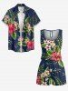 Tropical Leaf Hibiscus Flower Print Hawaii Drawstring Pocket Romper - Paon Bleu 5X