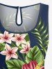 Tropical Leaf Hibiscus Flower Print Hawaii Drawstring Pocket Romper - Paon Bleu 5X