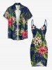 Tropical Leaf Hibiscus Flower Print Hawaii Convertible Beach Cover Up - Paon Bleu XS