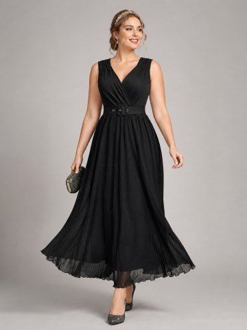 Plus Size Ruched Surplice Ruffles Textured Tank Dress With Buckle Belt - BLACK - 5X | US 30-32