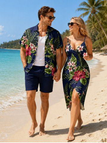 Tropical Leaf Hibiscus Flower Print Plus Size Matching Hawaii Beach Outfit For Couples