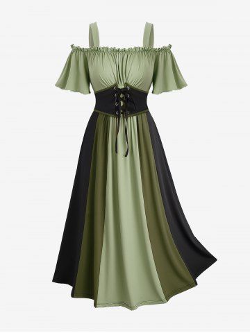 Robe trapèze style Renaissance médiévale grande taille, épaules dénudées, volants froncés, colorblock, lacets, ceinture, corset vintage