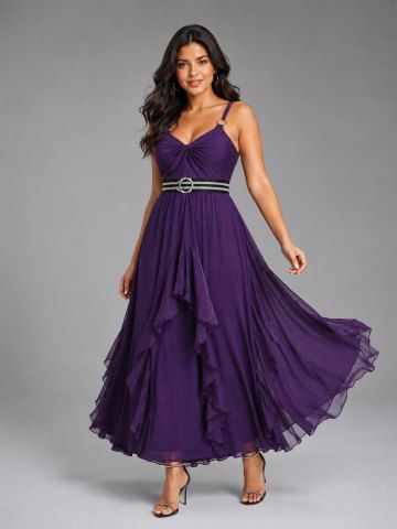 Plus Size Ruffles Trim Twist Crisscross Strapy Cami Dress With Stripes Print Belt - PURPLE - 5X | US 30-32