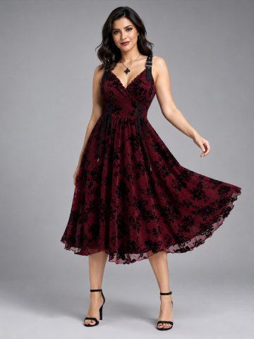 Plus Size Glitter Floral Leaves Flocking Lace Up Surplice A Line Party Dress - DEEP RED - 2X | US 18-20
