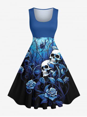 Plus Size Skulls Flower Leaf Branch Print Hawaii Vintage Swing A Line Dress