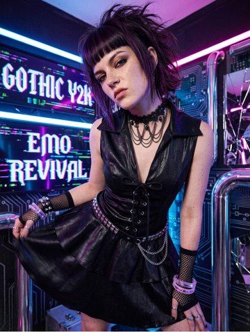 Gothic Turn-down Collar Lace Up Sheeny Layered A Line Dress - BLACK - S