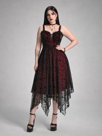 Plus Size Cat Bat Flocking Mesh Cross Lace Trim Ruched Asymmetrical Tank Dress - BLACK - 1X | US 14-16