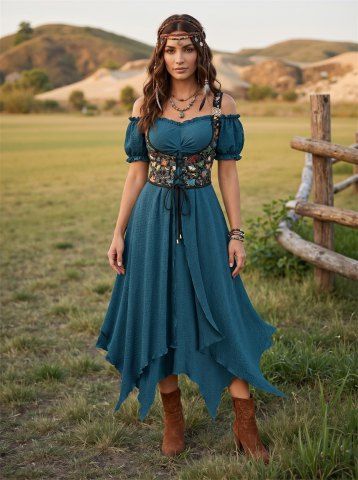 Plus Size Renaissance Peasant Corset Lace Up Cold Shoulder Handkerchief Hem Dress