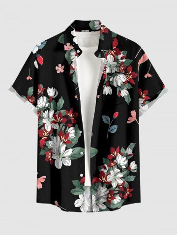 Plus Size Flower Leaf Print Hawaii Button Pocket Shirt For Men - BLACK - 5XL