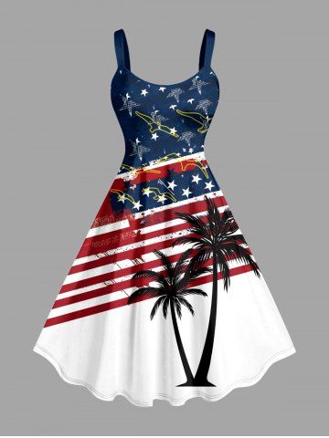 Plus Size Coconut Tree Patriotic American Flag Print Hawaii A Line Dress - DEEP BLUE - 4X