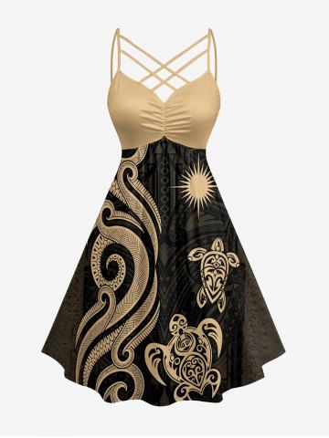 Plus Size Turtle Sun Ethnic Graphic Print Hawaii Ruched Crisscross Strappy A Line Dress - TAN - M