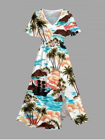 Robe midi trapèze à imprimé hawaïen de cocotiers, fleurs, mer et voilier, avec poches fendues - LAKE BLUE - 4X