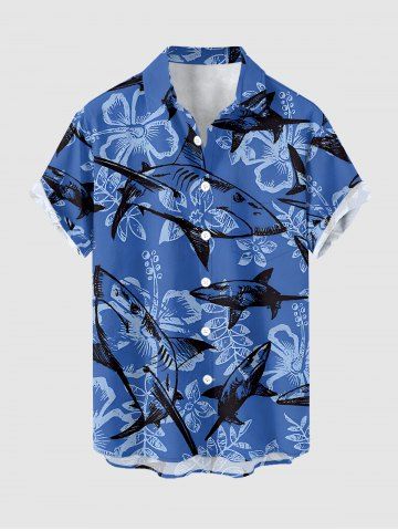 Flower Leaf Shark Print Hawaii Button Pocket Shirt For Men - BLUE - M