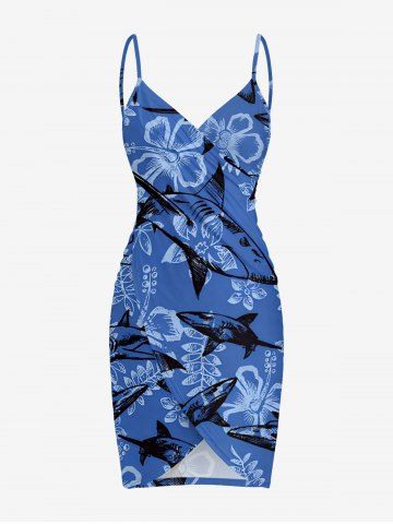 Flower Leaf Shark Print Hawaii Convertible Beach Cover Up - BLUE - 5X