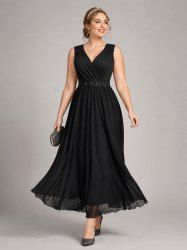 Plus Size Ruched Surplice Ruffles Textured Tank Dress With Buckle Belt -  