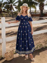 Robe grande taille à épaules dénudées et motif floral brodé de cocotiers - Bleu profond 4X | US 26-28