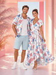 Flower Leaf Print Matching Hawaii Beach Outfit For Couples - Rose  