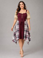 Plus Size Medieval Renaissance Plaid Print Patchwork Lace Up Dress Tavern Maid Costume -  