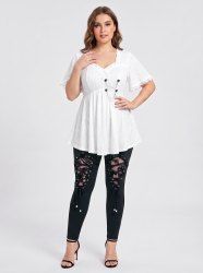 Hollow Out Hearts Lace Trim Bowknot Top and Lace Up Flocking Mesh Leggings Plus Size Outfit -  