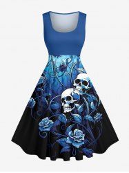 Skulls Flower Leaf Branch Print Hawaii Vintage Swing A Line Dress - Bleu profond 3X