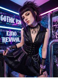 Gothic Turn-down Collar Lace Up Sheeny Layered A Line Dress - Noir L