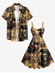 Pirate Skull Ship Rudder Anchor Cruise Print Matching Hawaii Beach Outfit For Couples - Bronze 