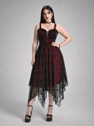 Plus Size Cat Bat Flocking Mesh Cross Lace Trim Ruched Asymmetrical Tank Dress -  