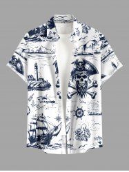 Skull Pirate Sailboat Octopus Lighthouse Print Hawaii Cruise Button Pocket Shirt For Men - Blanc 3XL