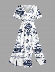 Skull Pirate Sailboat Octopus Lighthouse Print Hawaii Cruise Split Pocket A Line Midi Dress - Blanc 6X