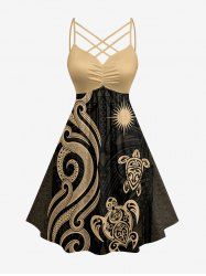 Turtle Sun Ethnic Graphic Print Hawaii Ruched Crisscross Strappy A Line Dress -  
