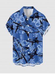 Chemise homme hawaïenne avec boutons et poche, imprimé fleurs, feuilles et requin - Bleu S