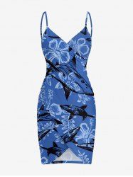 Cache-maillot de plage convertible hawaïen à imprimé fleurs, feuilles et requins - Bleu S