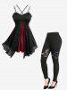 Lace-up Rivet Crisscross Strapy Plisse Tank Top and Skulls Flocking Skinny Leggings Plus Size Outfit - Noir 