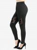 Lace-up Rivet Crisscross Strapy Plisse Tank Top and Skulls Flocking Skinny Leggings Plus Size Outfit - Noir 