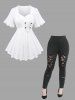 Hollow Out Hearts Lace Trim Bowknot Top and Lace Up Flocking Mesh Leggings Plus Size Outfit -  