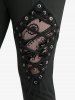Hollow Out Hearts Lace Trim Bowknot Top and Lace Up Flocking Mesh Leggings Plus Size Outfit -  