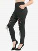 Hollow Out Hearts Lace Trim Bowknot Top and Lace Up Flocking Mesh Leggings Plus Size Outfit -  