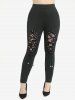 Hollow Out Hearts Lace Trim Bowknot Top and Lace Up Flocking Mesh Leggings Plus Size Outfit -  