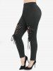 Hollow Out Hearts Lace Trim Bowknot Top and Lace Up Flocking Mesh Leggings Plus Size Outfit -  